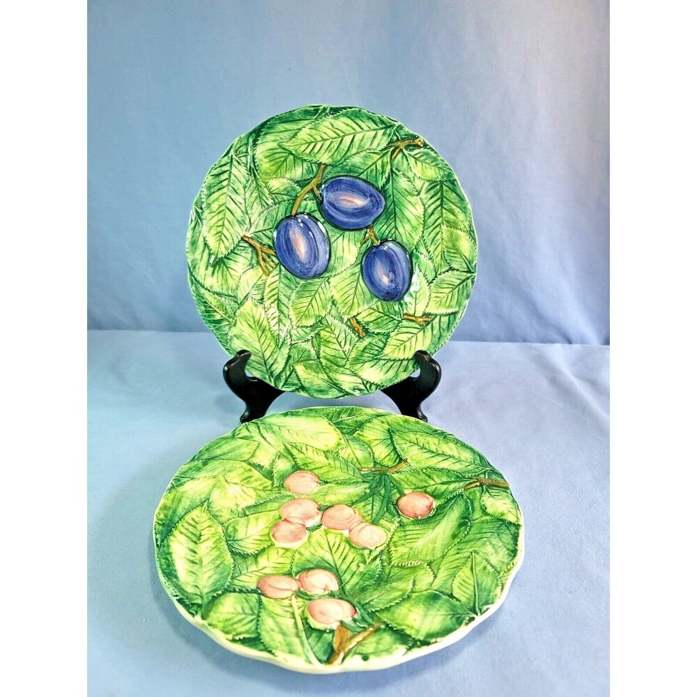 Italian Majolica Plates Cherries & Plum Hand Painted RARE 8''Raised Fruit VTG